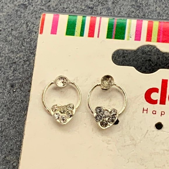 Claire's Rhinestone Pierced Earrings Heart Hoop Silver Sensitive Solutions - Picture 1 of 4